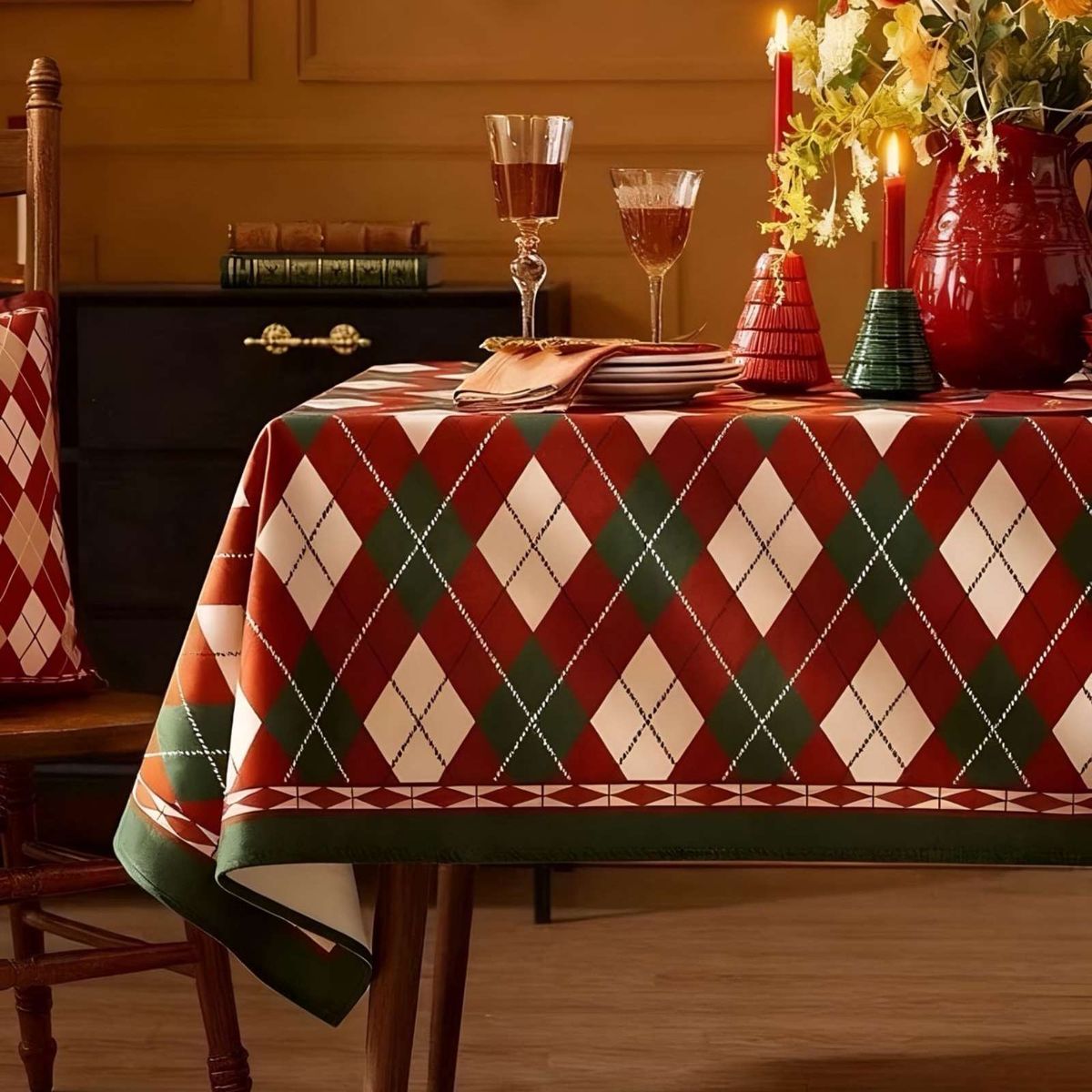 GENERICO - SET MANTEL MÁS 6 FUNDAS DE SILLAS ANTIMANCHAS NAVIDEÑO 140X220