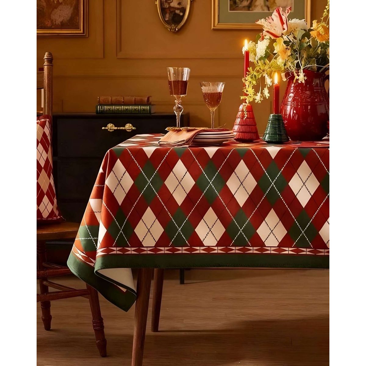 GENERICO - SET MANTEL MÁS 6 FUNDAS DE SILLAS ANTIMANCHAS NAVIDEÑO 140X220