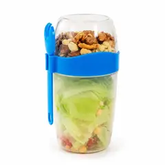 HOMESTAR - Vaso contenedor de colaciones transparente con banda azul y cuchara azul lateral, 870 ml