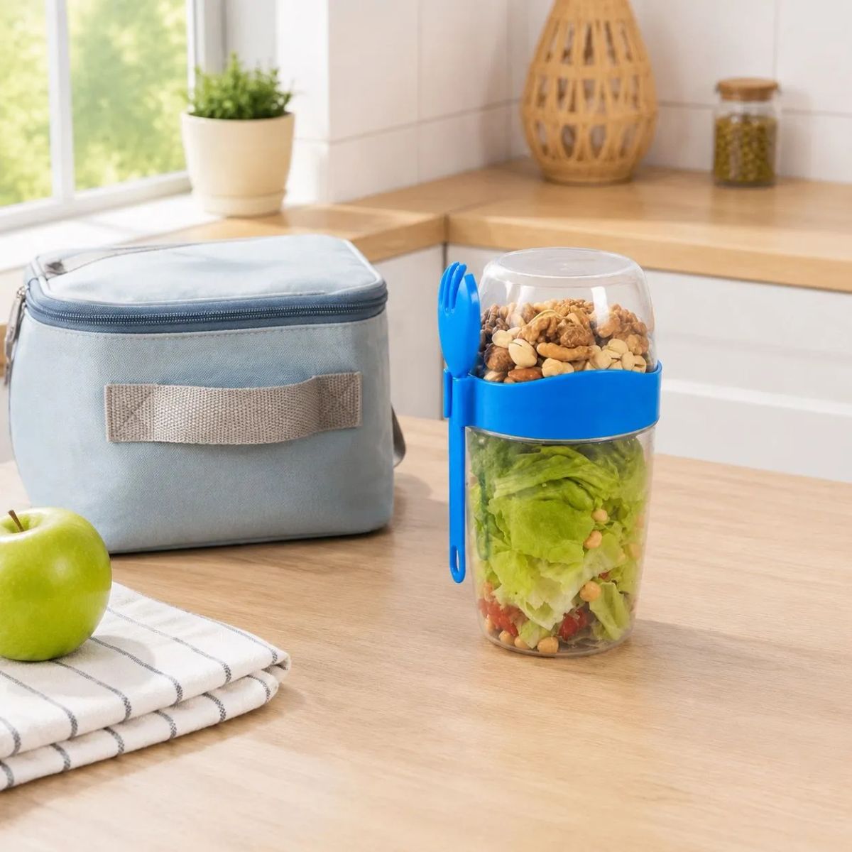 HOMESTAR - Vaso contenedor de colaciones transparente con banda azul y cuchara azul lateral, 870 ml