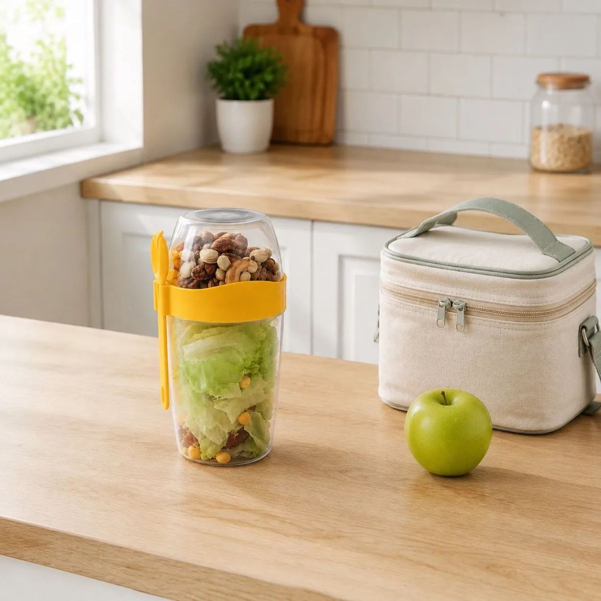 HOMESTAR - Vaso contenedor de colaciones 870 ml amarillo con cuchara lateral