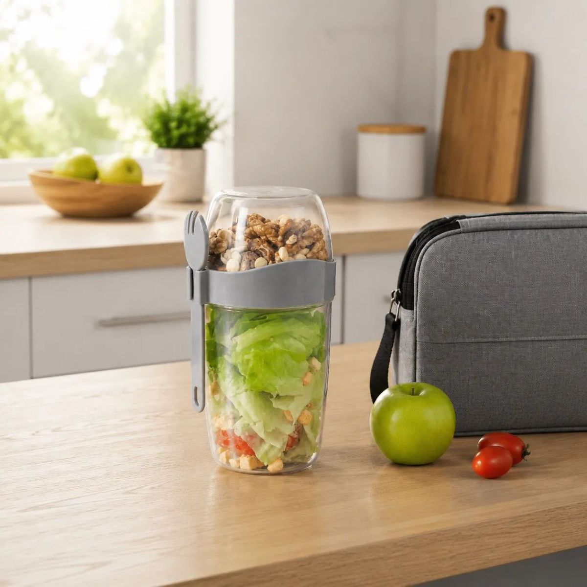 HOMESTAR - Vaso contenedor de colaciones 1070 ml gris con cuchara integrada