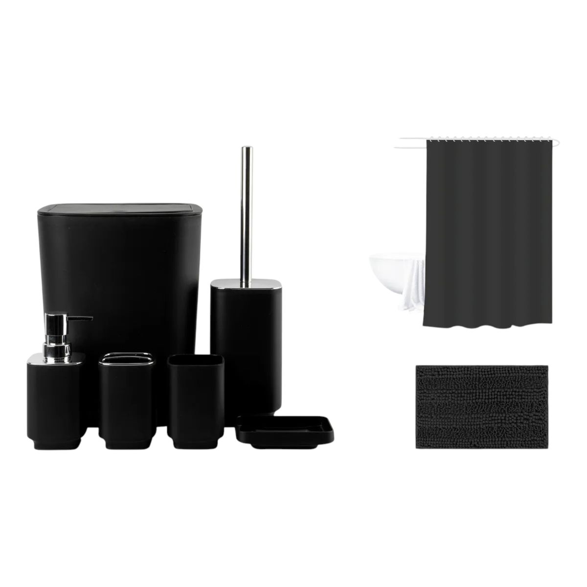 GENERICO - Set Juego De Baño 8 Piezas Alfombra Baño Cortina Baño NEGRA
