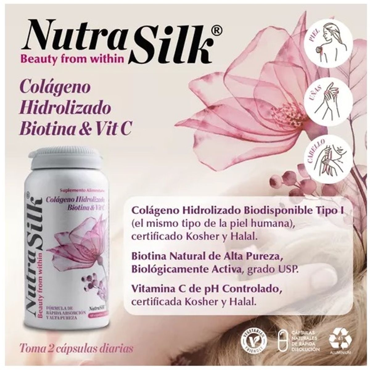 VITAL AND YOUNG - Nutrasilk Colageno Hidrolizado + Biotina + Vit C Vy 2x60 Caps