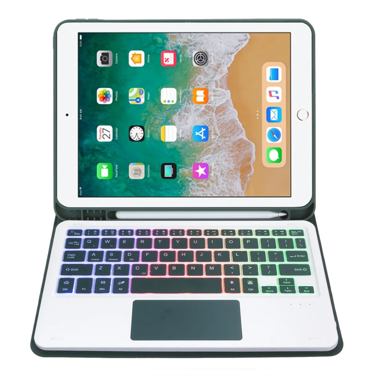 RENVMEXY - Funda Teclado para iPad 9,7 Trackpad Luz y Desmontable Verde Oscuro