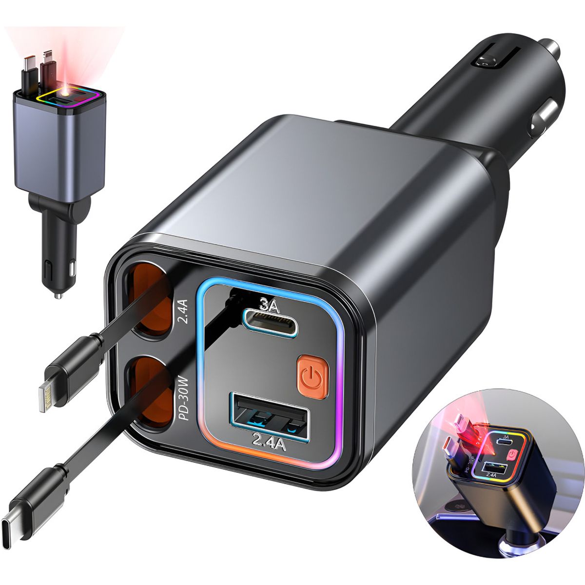 EVERSO - Adaptador De Cargador Retráctil 4 En 1 De Coche Carga Rápida