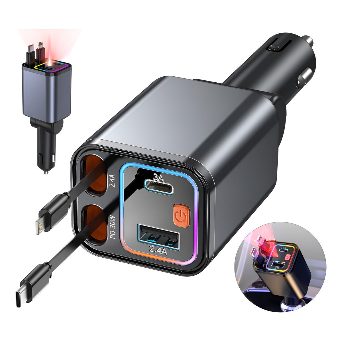 EVERSO - Adaptador De Cargador Retráctil 4 En 1 De Coche Carga Rápida