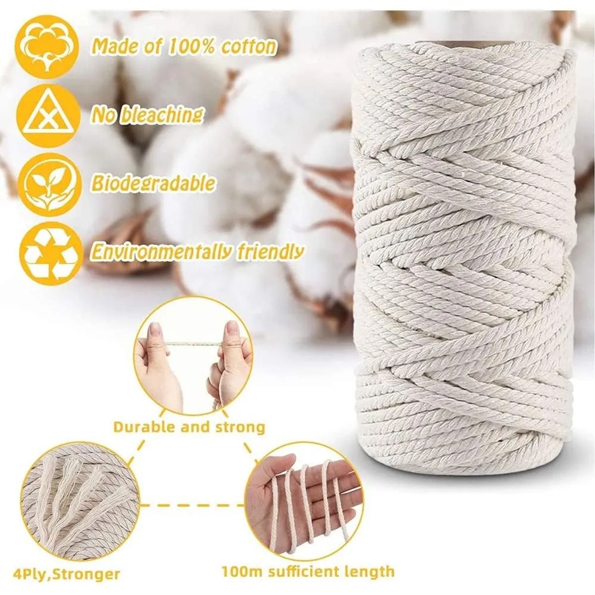 KUANGYE - Cordón Macramé Torcido 3mm 300 Metros 1kg 100% Algodón