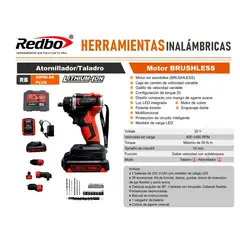 REDBO - Taladro Atornillador Inalámbrico 20V Brushless Multi-Cabezal (RB-20PBLSS PLUS) + 2 Baterías y Accesorios