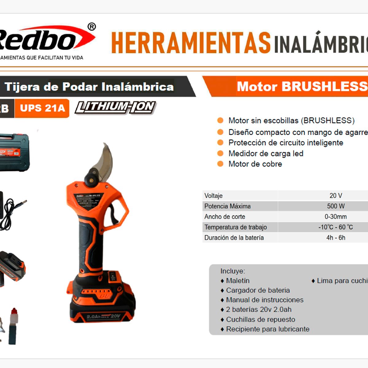 GENERICO - Tijera de Podar Inalámbrica Brushless Redbo RB-UPS 21A (20V, 30mm, 2 Baterías + Maletín)