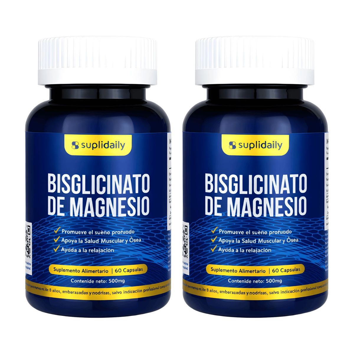 SUPLIDAILY - Bisglicinato de Magnesio 120 Cápsulas Alta Absorción Pack X2