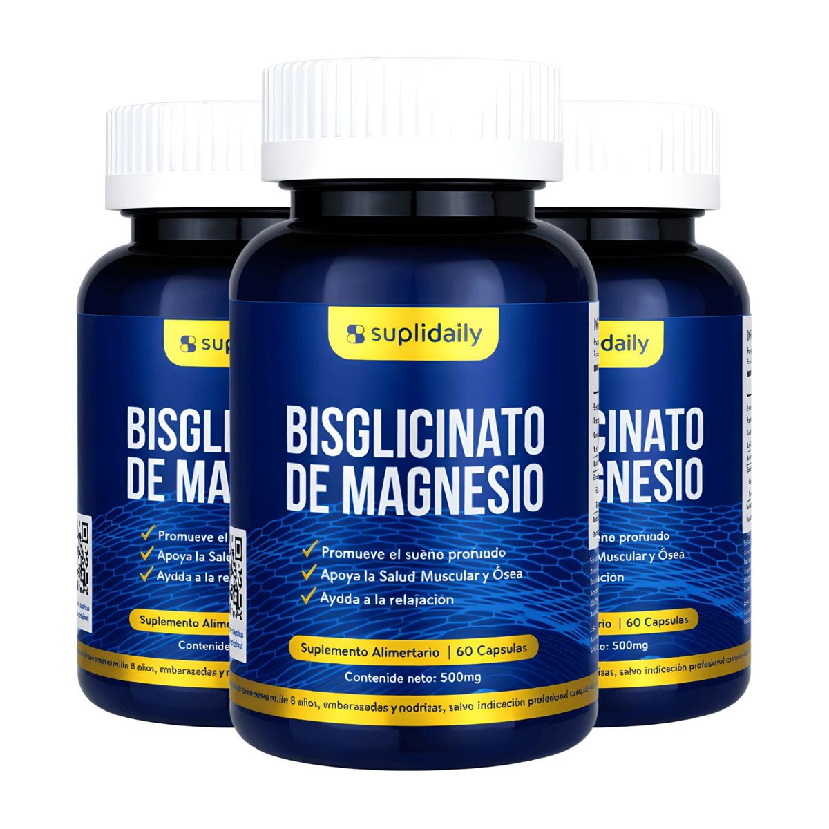 SUPLIDAILY - Bisglicinato de Magnesio 180 Cápsulas Alta Absorción Pack X3