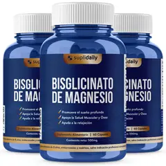 SUPLIDAILY - Bisglicinato de Magnesio 180 Cápsulas Alta Absorción Pack X3