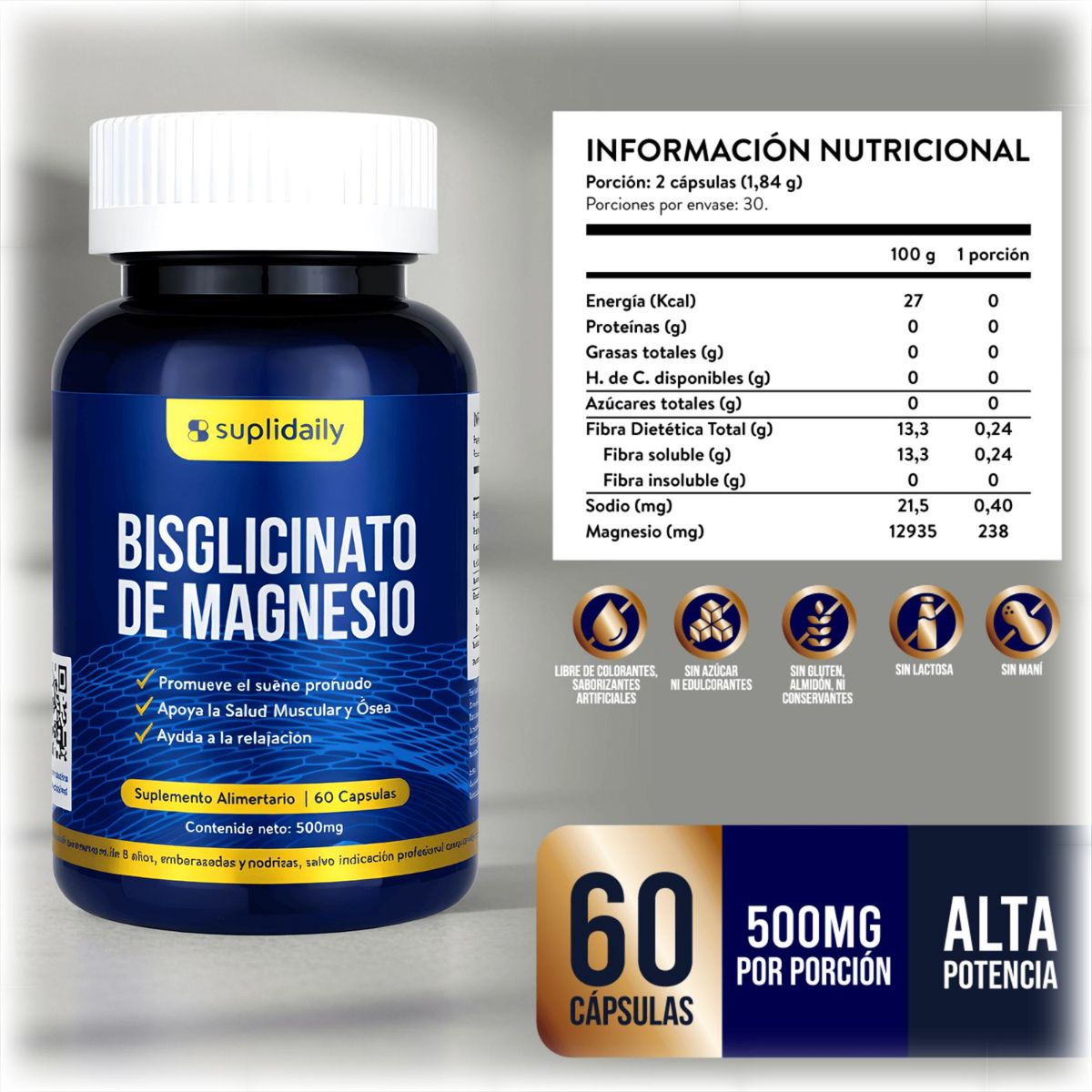 SUPLIDAILY - Bisglicinato de Magnesio 180 Cápsulas Alta Absorción Pack X3