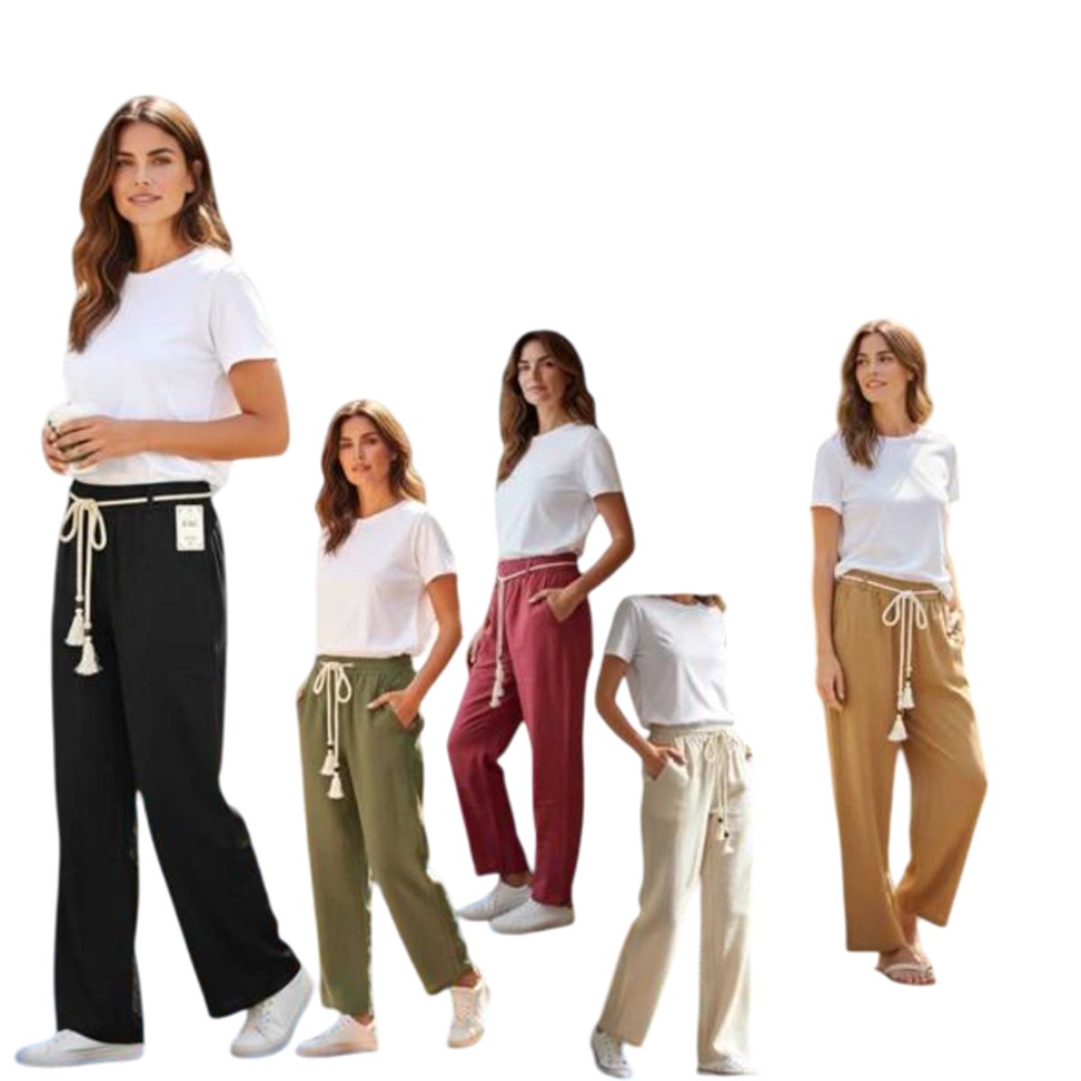 AGW - Pack 3 Pantalones Palazos Mujer Con Cordel Colores Surtidos