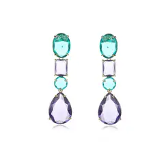 VANE COLLECTION - Aros para mujer colgante fino baño oro lágrima circones verde agua y morado