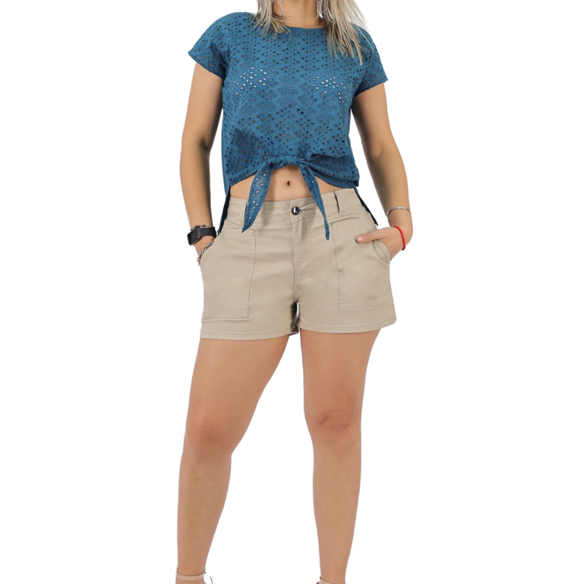 TENTATION - Short Gabardina Bolsillo Parche Arena