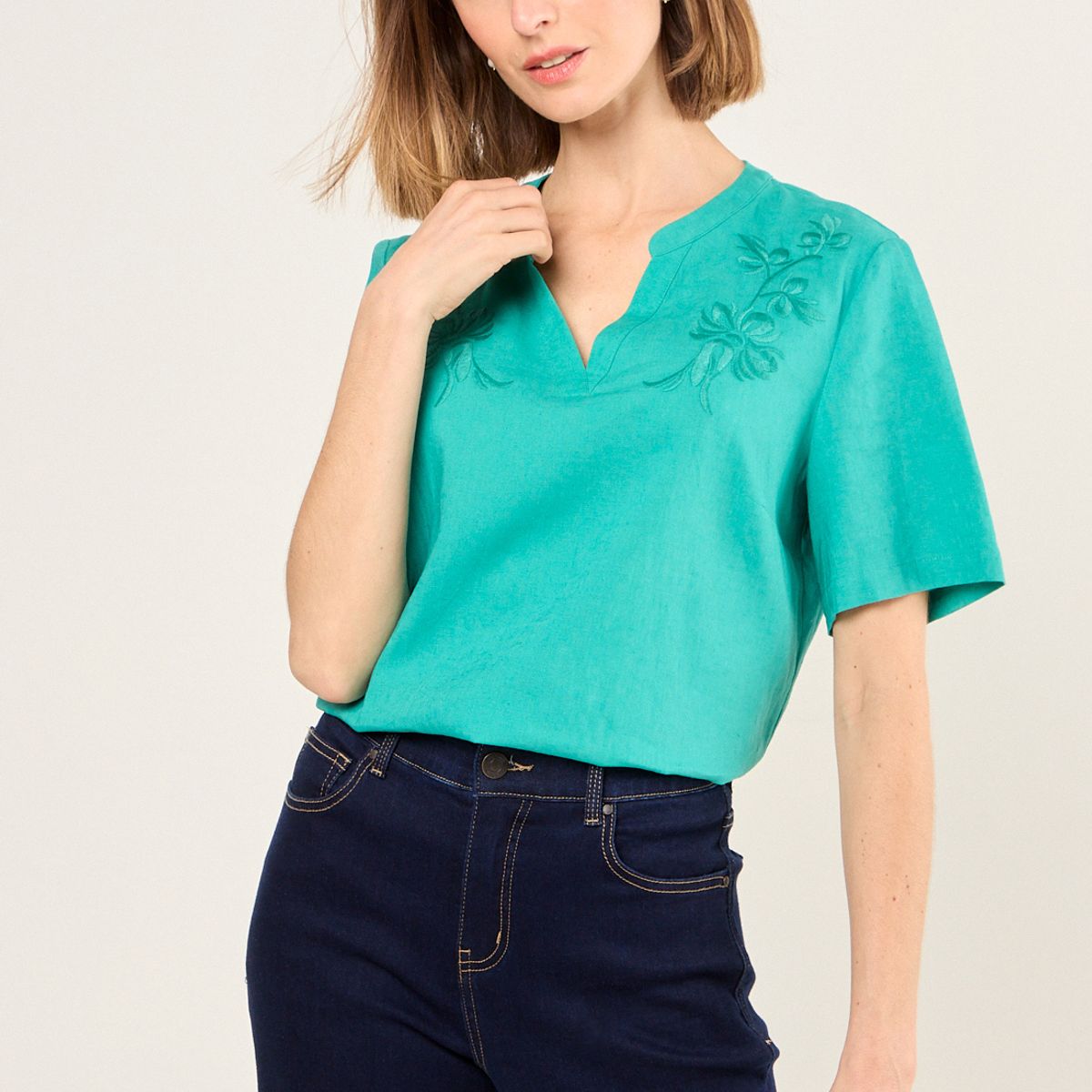 MA GRIFFE - Blusa De Lino Con Bordado Mujer Verde Magriffe
