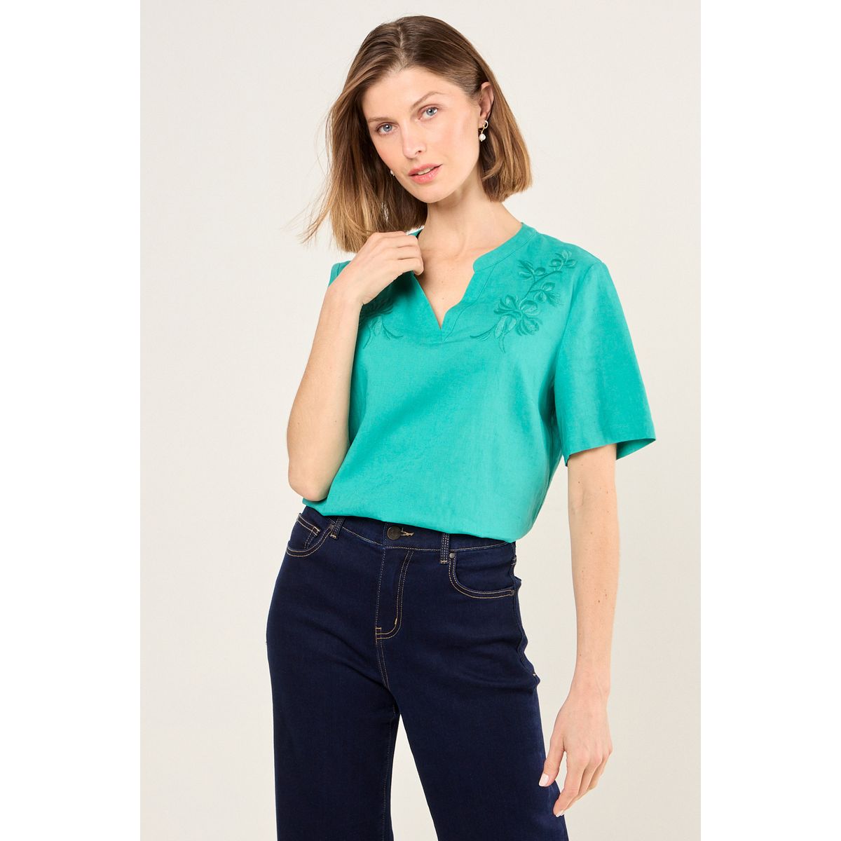 MA GRIFFE - Blusa De Lino Con Bordado Mujer Verde Magriffe