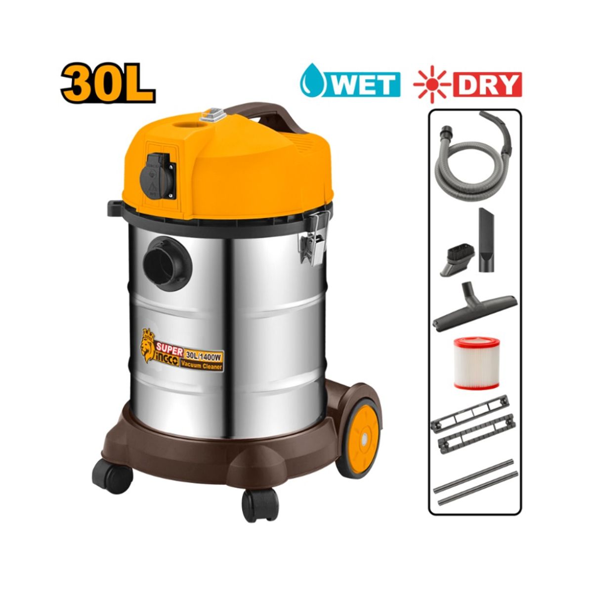 INGCO - Aspiradora Industrial 1400W 30L SecoHúmedo