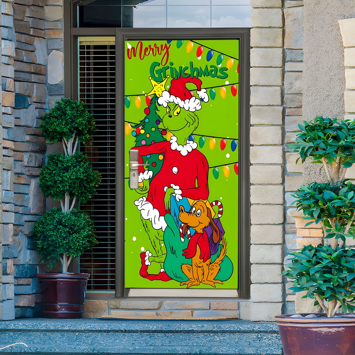 GENERICO - Funda Puerta Navideña Colgante Grich y Perro 210 cm x 90 Cm