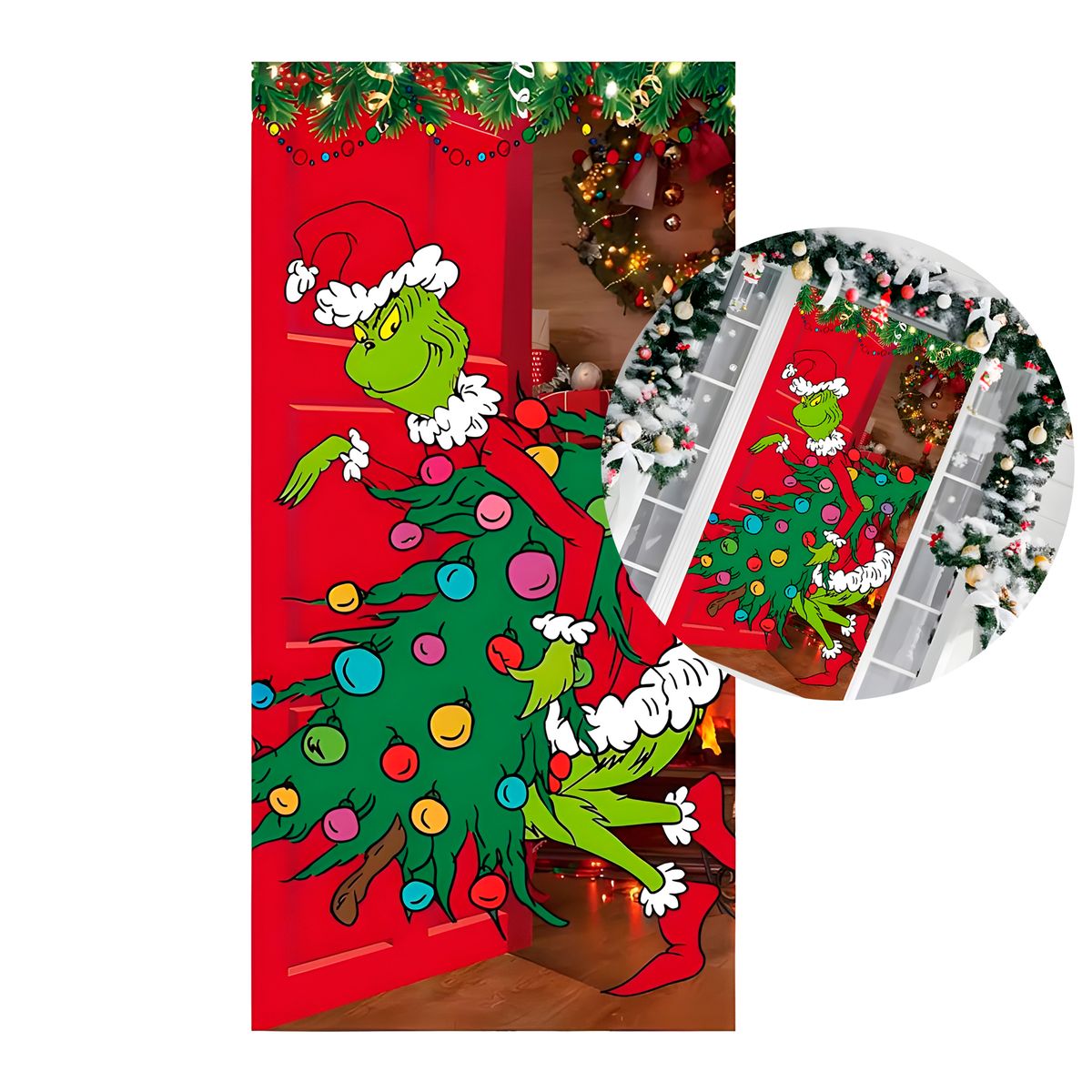 GENERICO - Funda Puerta Navideña Colgante Grich y Arbolito 210 cm x 90 Cm