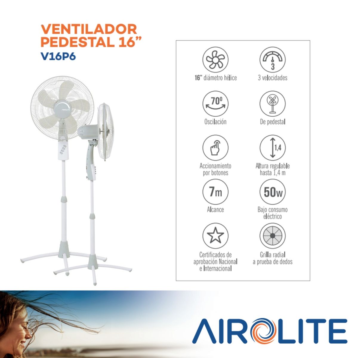 AIROLITE - Ventilador Pedestal Pie Silencioso 16 V16p6 Airolite 406cm
