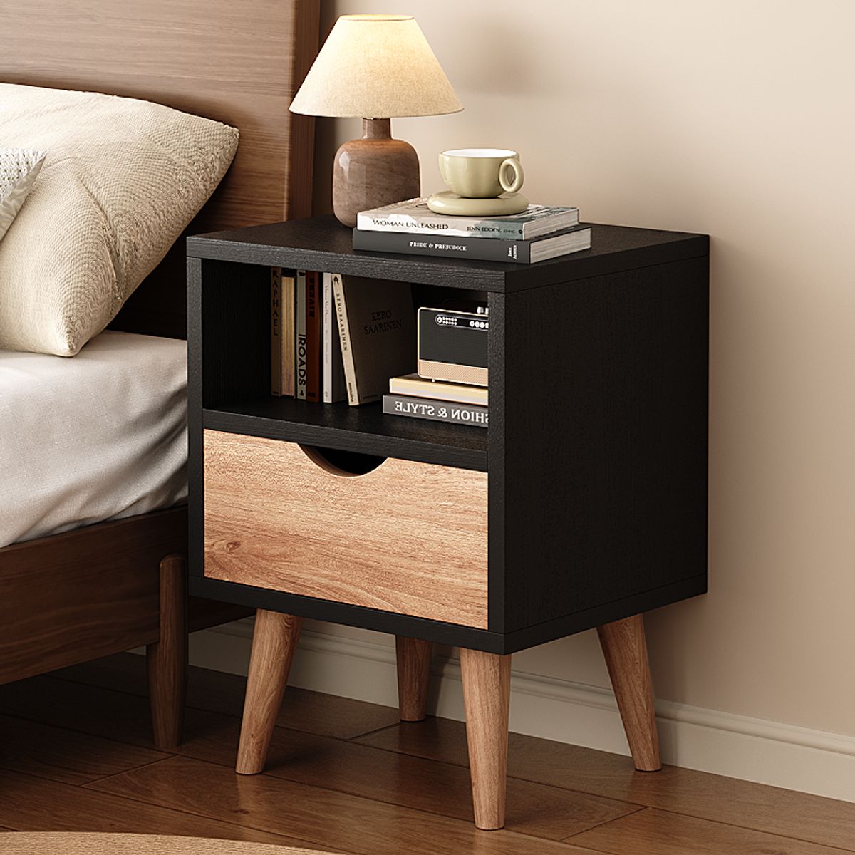 GENERICO - Velador Estilo Nórdico Cajón Negro Y Madera Moderno53x30x40 Mate