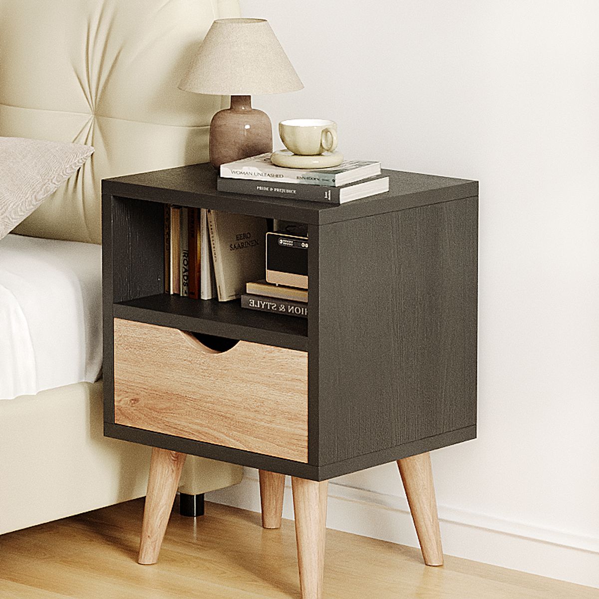 GENERICO - Velador Estilo Nórdico Cajón Negro Y Madera Moderno53x30x40 Mate