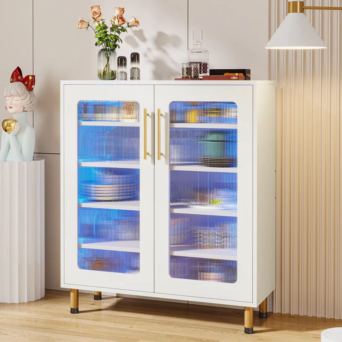 DELUXE - Mueble Gabinete Buffet Blanco Con Acrílico Y Luz Led Premium