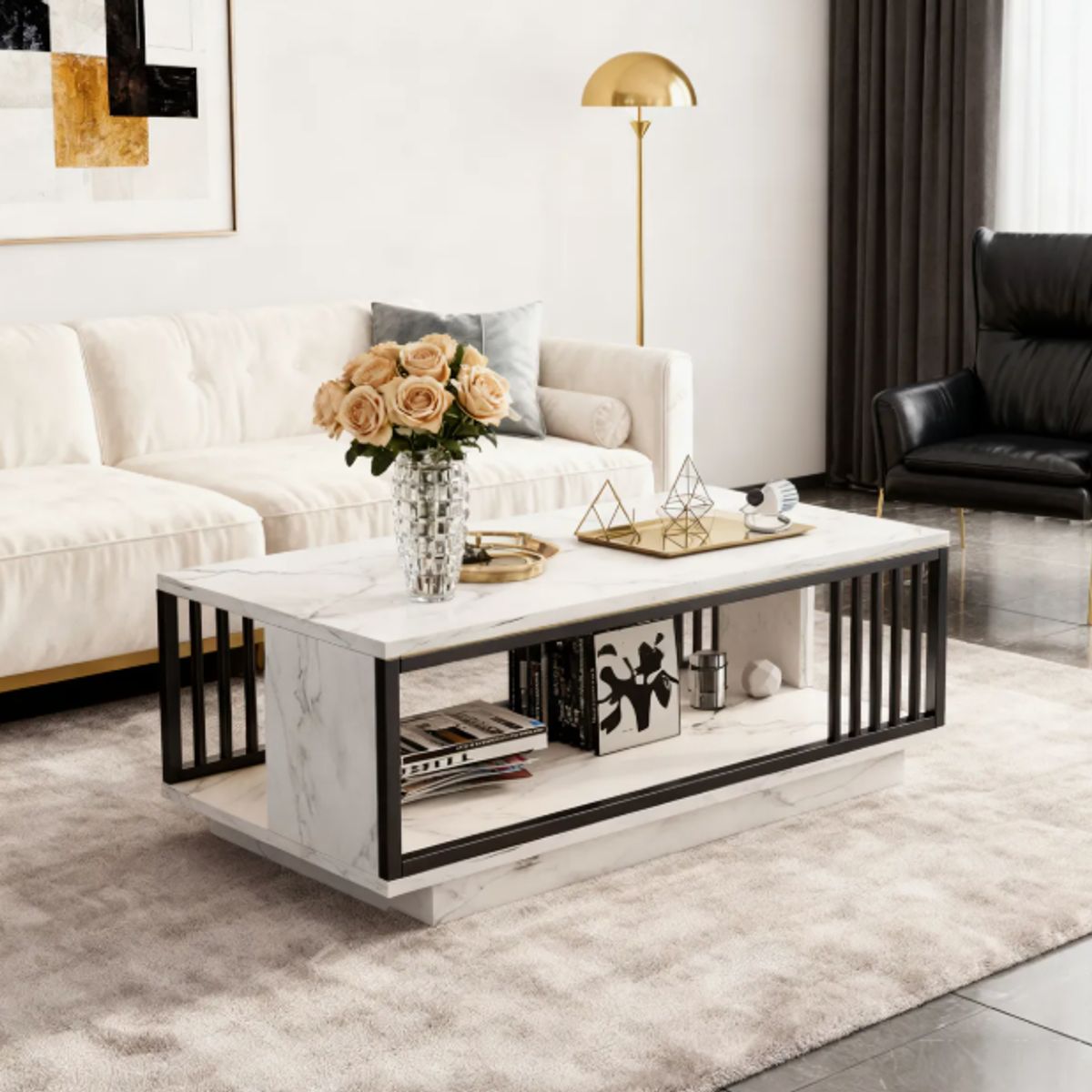 GENERICO - Mesa De Centro Moderna Estilo Mármol 100×50×40cm Sala Blanco