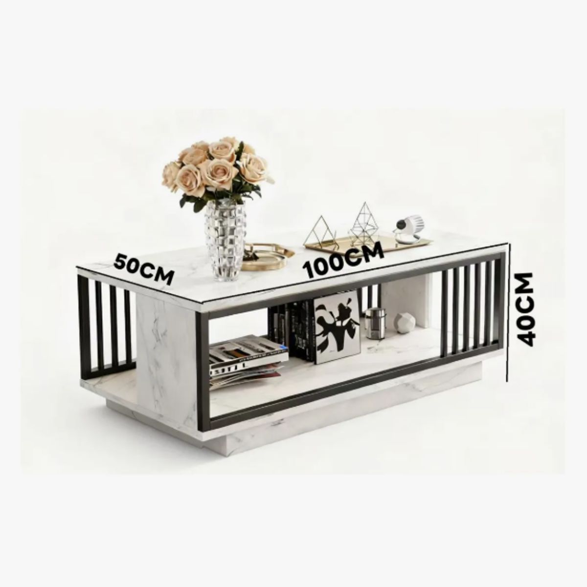 GENERICO - Mesa De Centro Moderna Estilo Mármol 100×50×40cm Sala Blanco