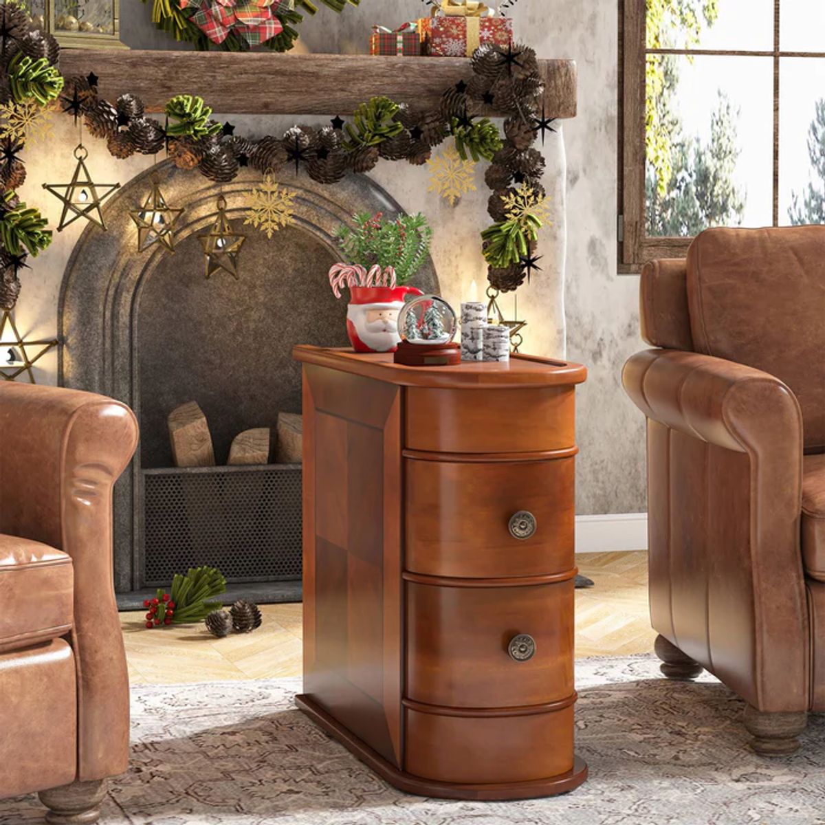 DELUXE - Velador Madera Maciza 2 Cajones Elegante Clásico Premium