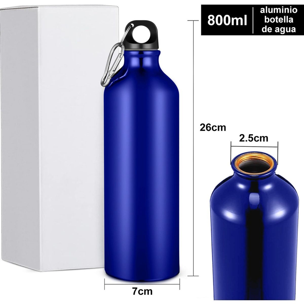 SUPERCENTER - Botella Agua 800cc Aluminio Antifugas Tapa Con Mosquetón Azul