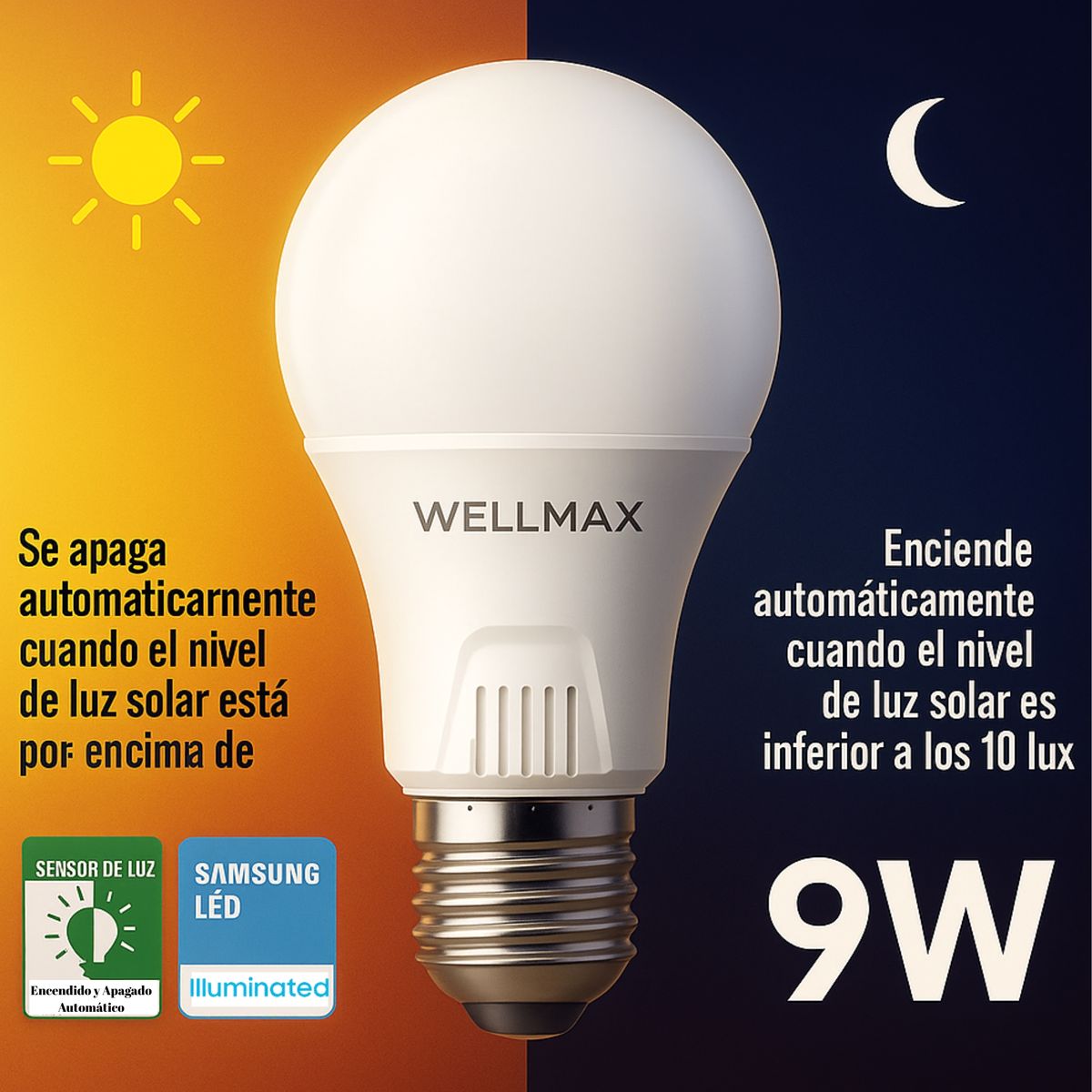 WELLMAX - Ampolleta LED Wellmax 9W con Sensor de Luz & Encendido Automático