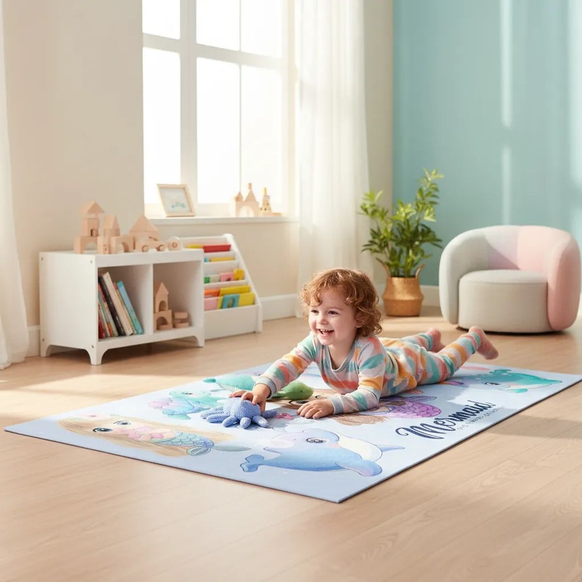 GENERICO - ALFOMBRA INFANTIL CELESTE DISEÑO MERMEID SIRENA 120X160CM WM