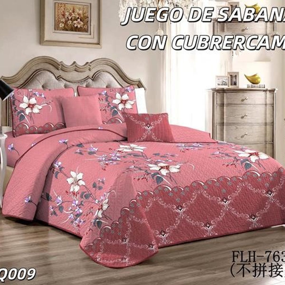 GENERICO - Cobertor tipo Quilts de Verano + Juego de Sabanas 1,5 plazas