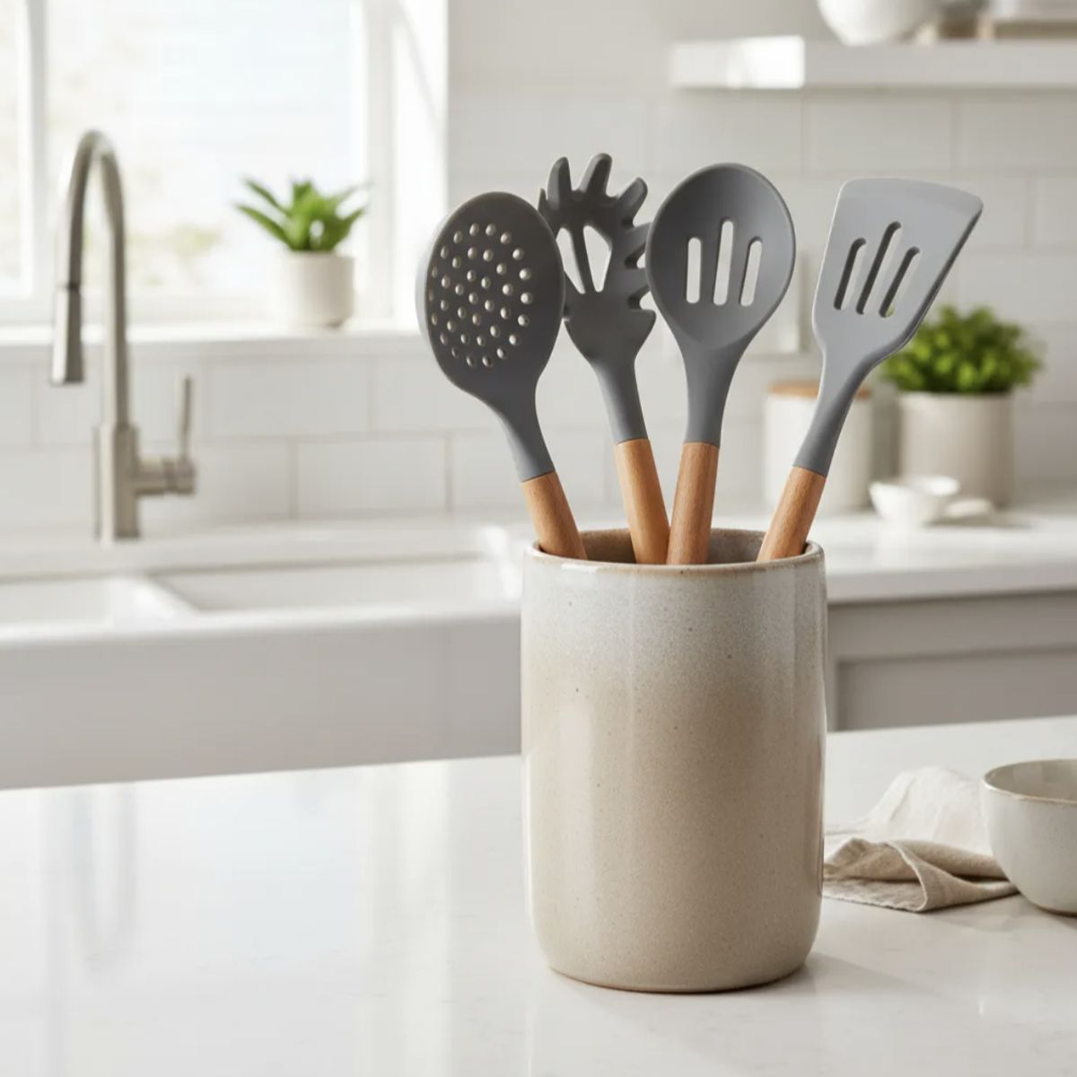 GENERICO - Utensilios de Cocina 4 piezas Silicona con Mango de Madera