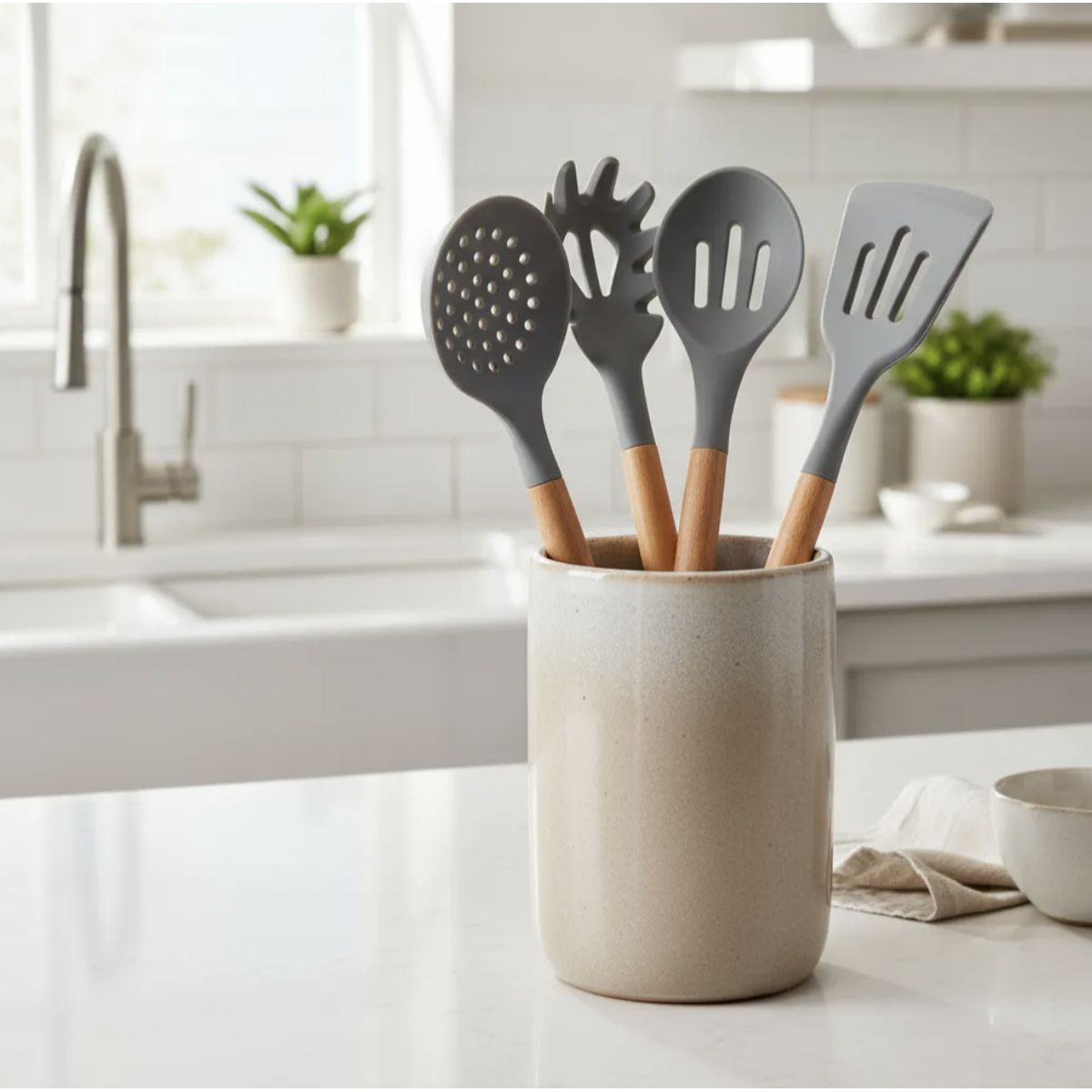 GENERICO - Utensilios de Cocina 4 piezas Silicona con Mango de Madera