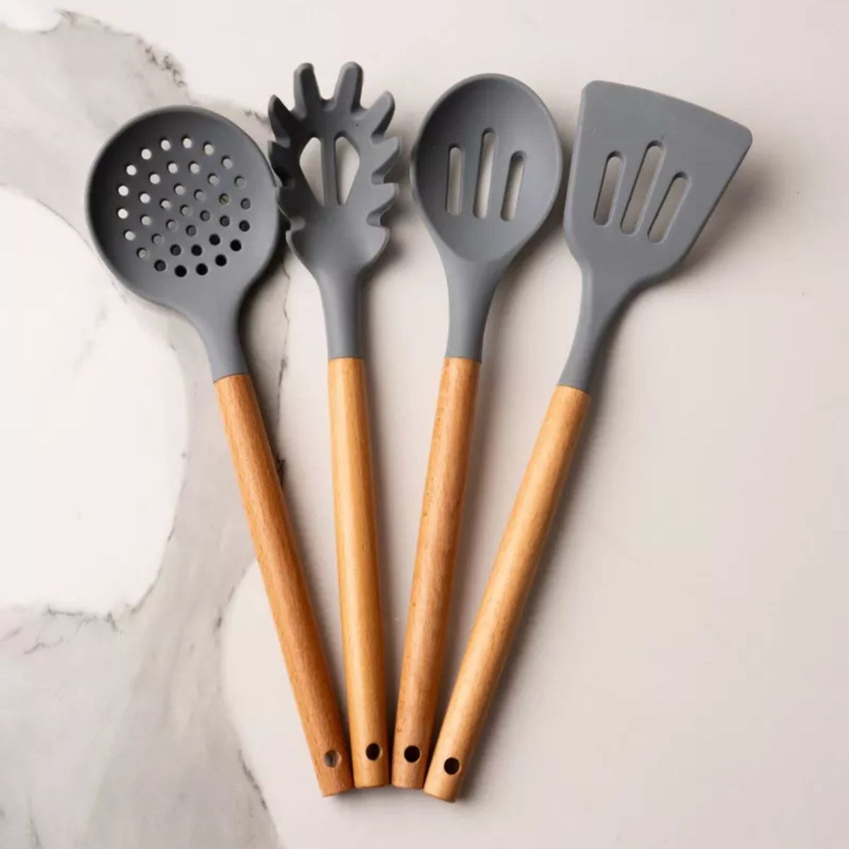 GENERICO - Utensilios de Cocina 4 piezas Silicona con Mango de Madera