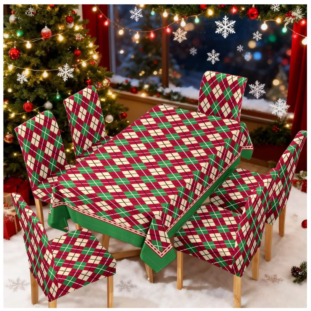 GENERICO - Set Mantel Impermeable De Mesa + 6 Fundas Sillas Navideño