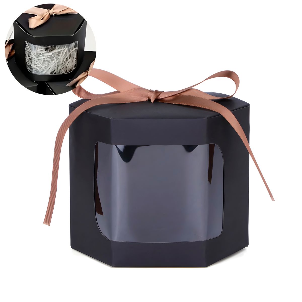 GENERICO - 20 Cajas Regalo Hexagonal Negra Visor Frontal 13x13x13 Cm