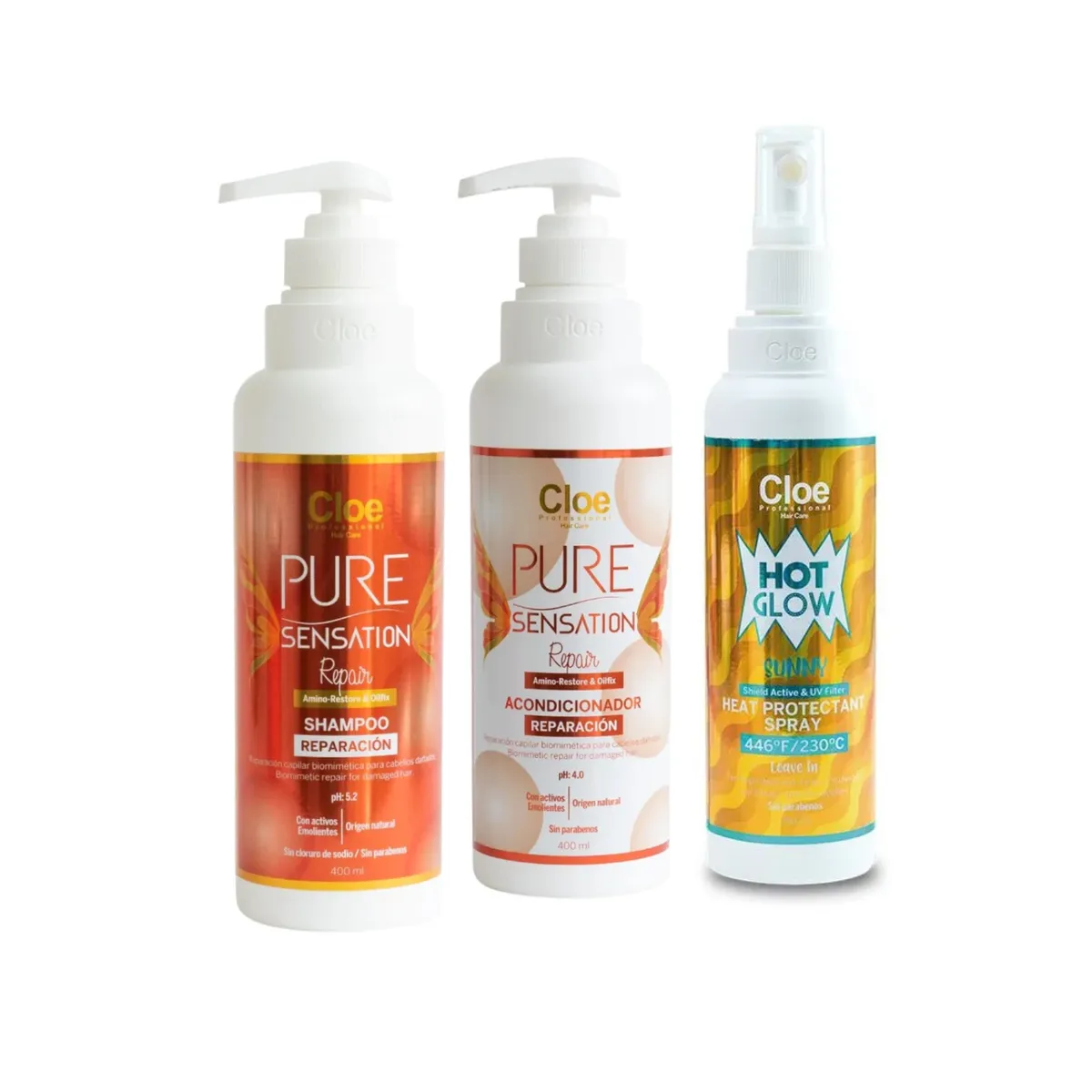 CLOE - Cloe Set reparacion Pure Sensation sin sal ni parabenos 400 ml + termoprotector sunny