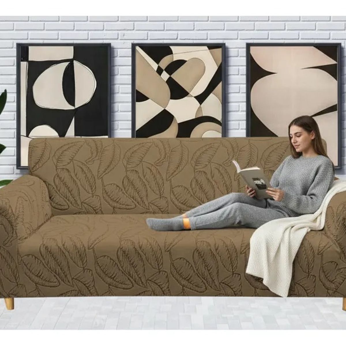 DIANA - FUNDA SILLON ELASTIZADO 3 CUERPO 195CM/230CM DISEÑO CAFE HOJAS