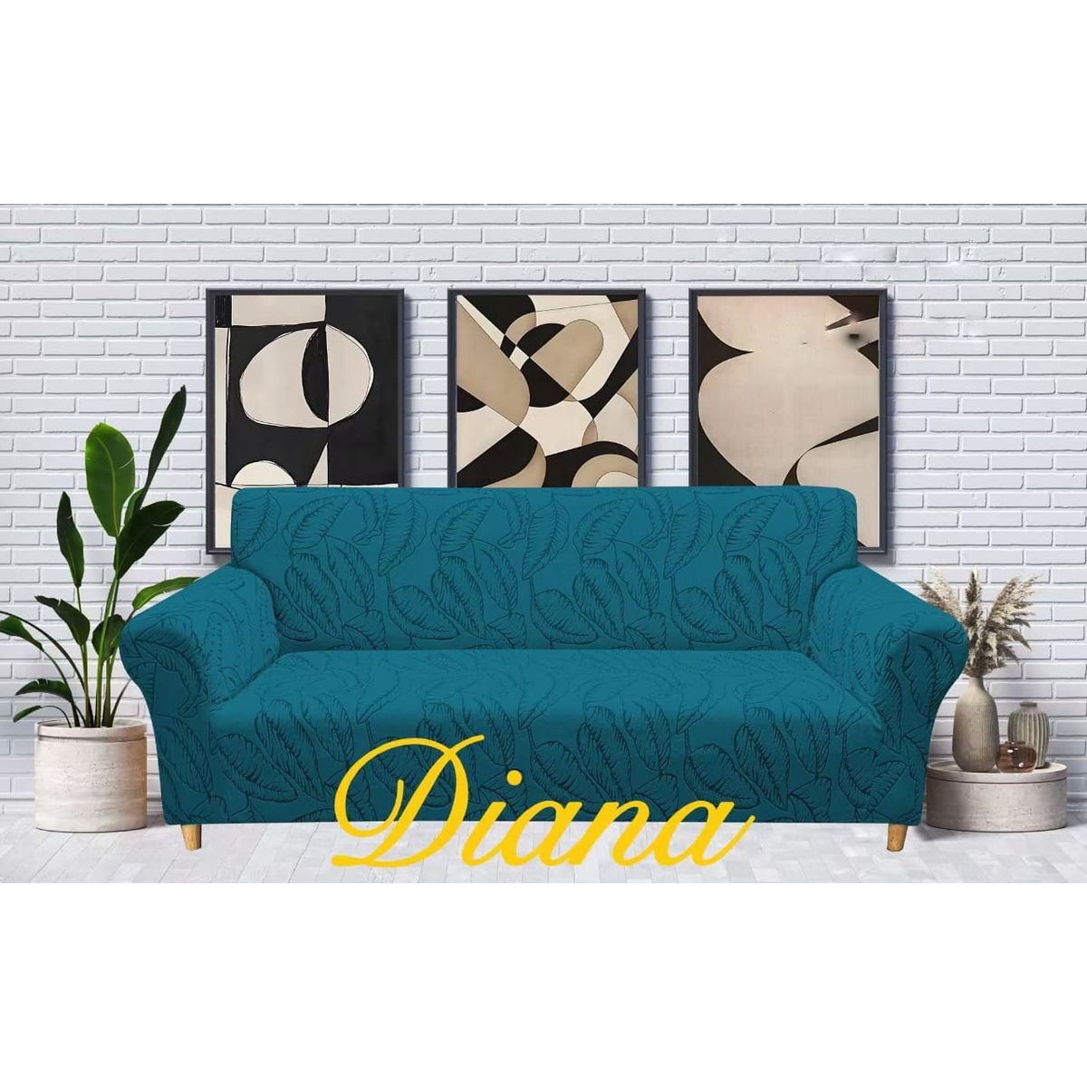 DIANA - FUNDA SILLON ELASTIZADO 4 CUERPO 230CM/300CM DISEÑO TURQUESA HOJAS