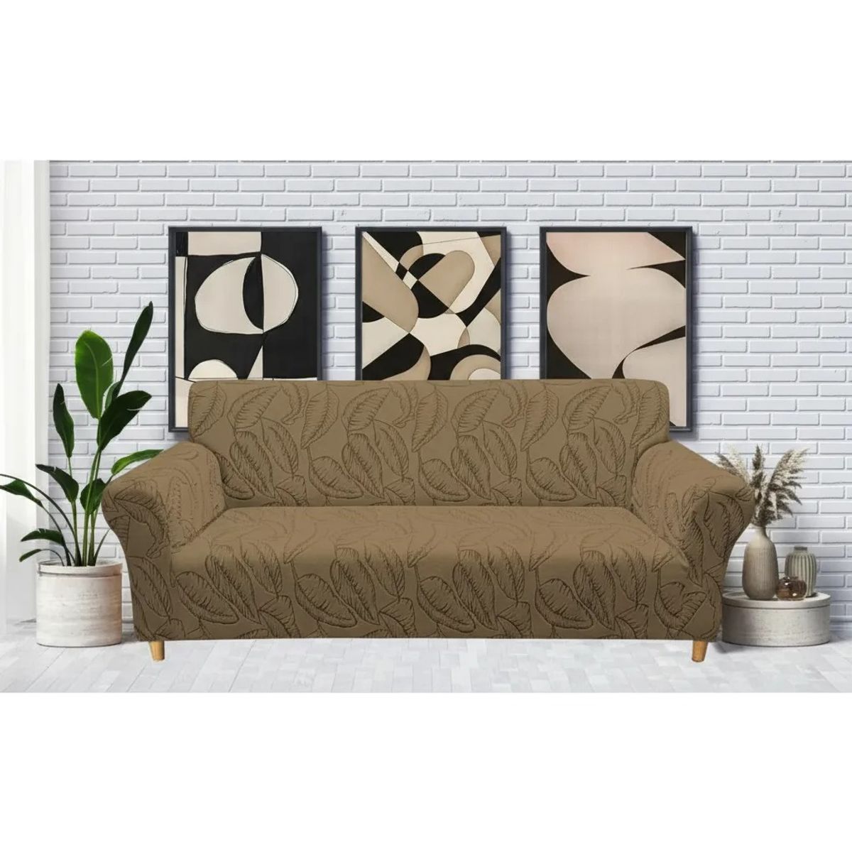 DIANA - FUNDA SILLON ELASTIZADO 4 CUERPO 230CM/300CM DISEÑO CAFE HOJAS
