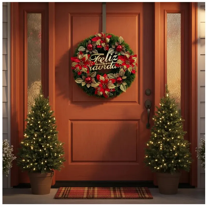 GENERICO - CORONAS NAVIDEÑAS DE 40CM PARA PUERTA COLOR VERDE FLORES DORADAS