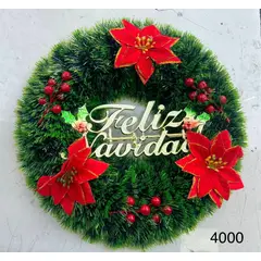 GENERICO - CORONAS NAVIDEÑAS DE 40CM PARA PUERTA COLOR VERDE FLORES ROJAS
