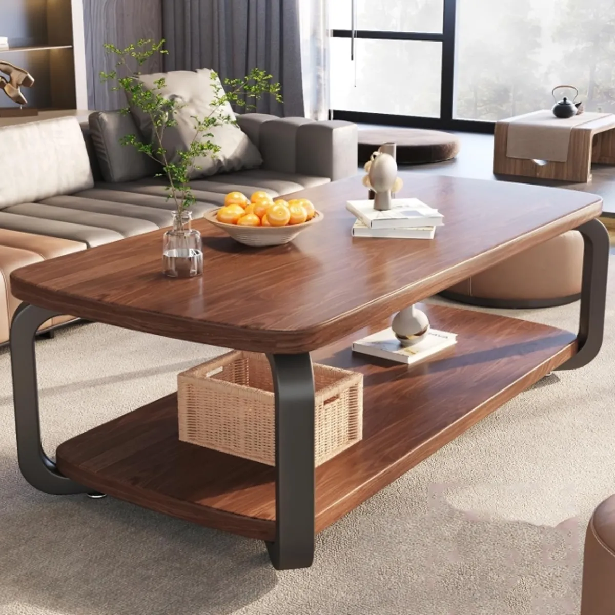 GENERICO - Mesa de Centro Rectangular 120x60 – Color Nogal con Patas Metálicas de 2 Niveles