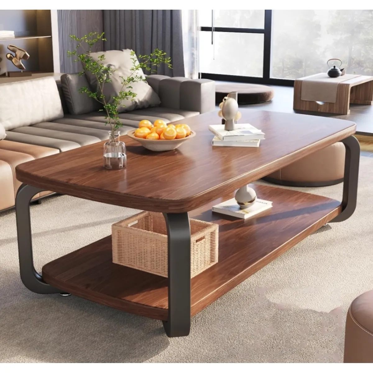 GENERICO - Mesa de Centro Rectangular 120x60 – Color Nogal con Patas Metálicas de 2 Niveles